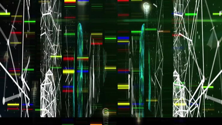Animation of flickering multi coloured rectangles floating over networks of connections
