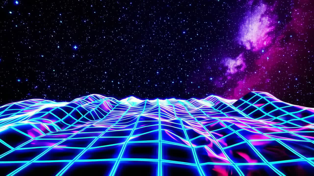 Retro Neon Grid Landscape in Space