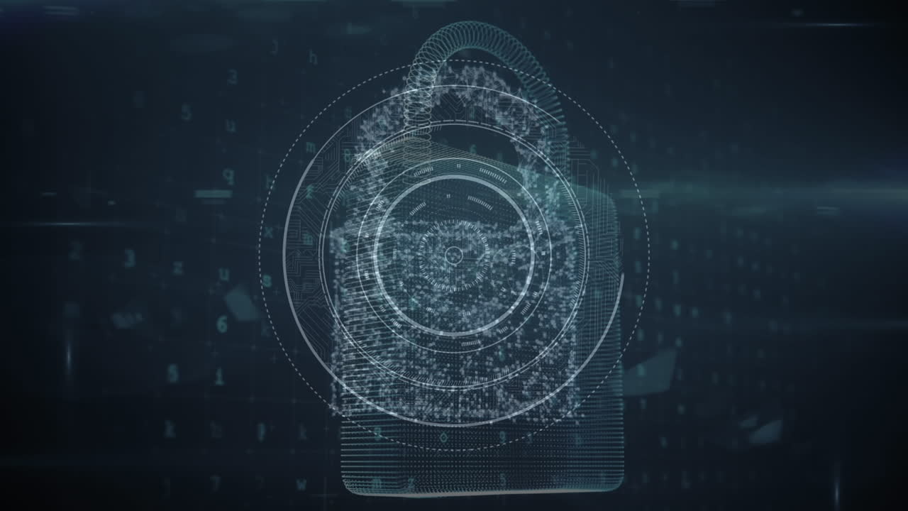 Animation of digital padlock over black background with rotating circles and moving shapes