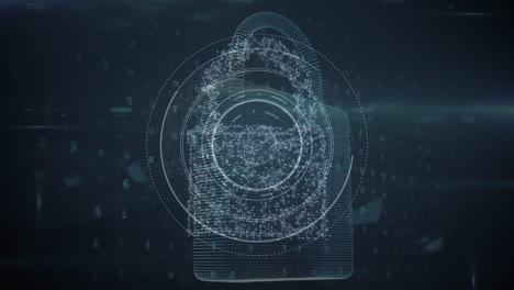 animation of digital padlock over black background with rotating circles and moving shapes