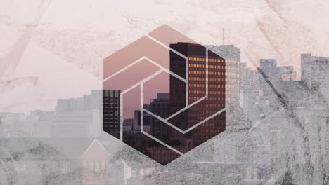 animation of geometric pattern overlaying urban skyline with textured background