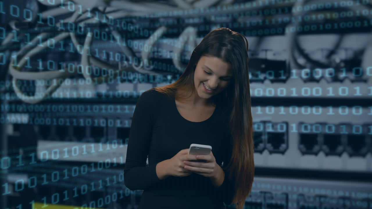 Animation of caucasian woman using smartphone over binary coding data processing