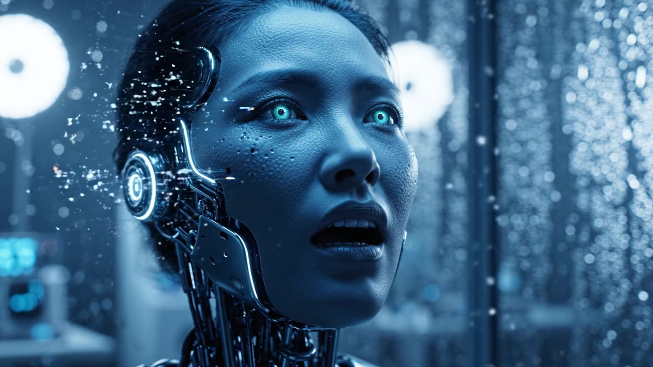 Una straordinaria figura robotica con un'espressione notevolmente simile a quella umana che raffigura emozioni in un'ambientazione futuristica con uno sfondo di fluidi scintillanti e tecnologia moderna.