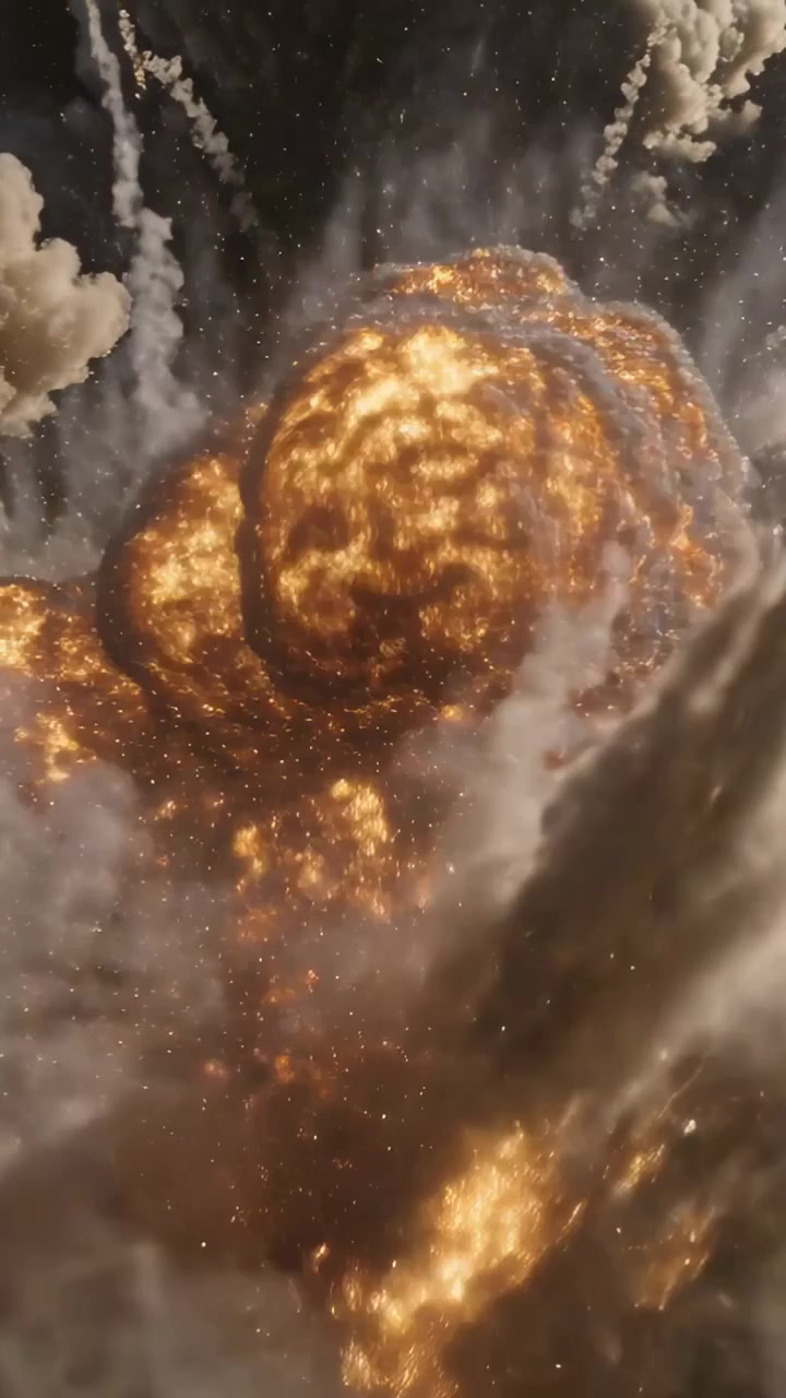Video verticale: Una nube di combustione che scintilla nel cielo espandendosi, emettendo palle di fuoco e scie di braci.