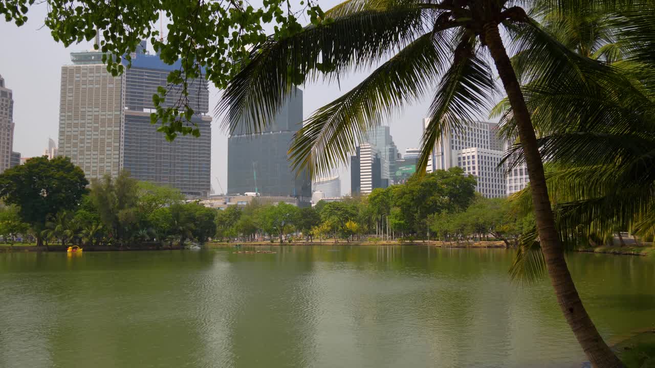 Modern Tall Buildings Seen From Lumpini Park In Bangkok, Thailand. Static Shot