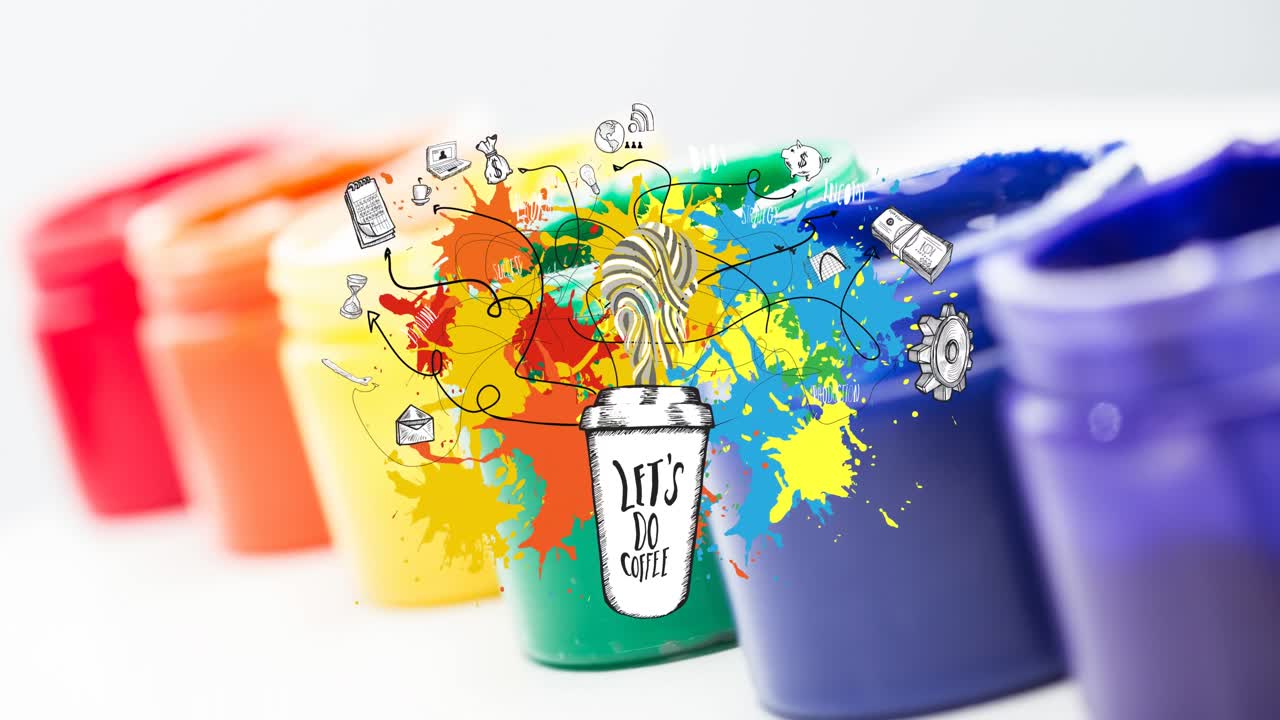 Animation of let's do coffee text and icons over colorful paints on white background