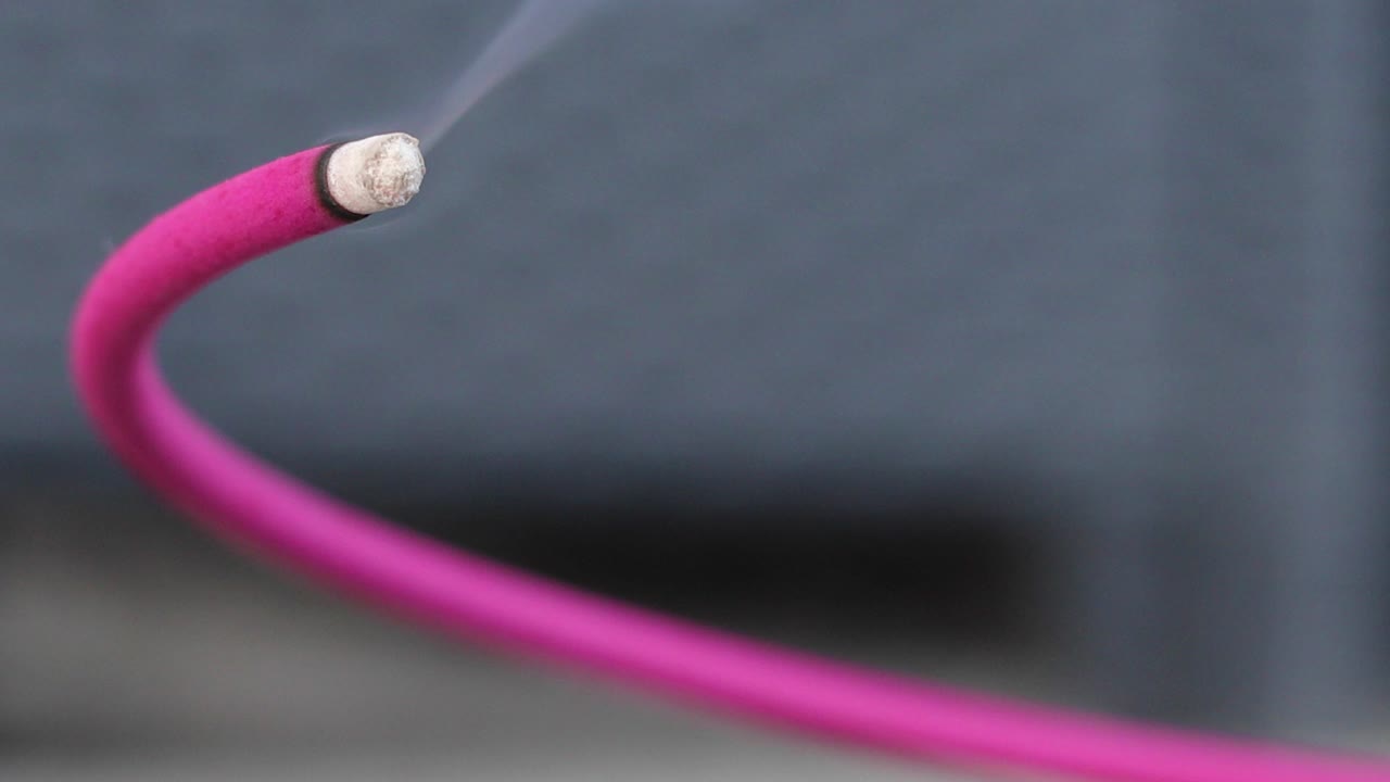 밖에 있는 모기를 쫓아내는 향의 불타는 심지에 가까이