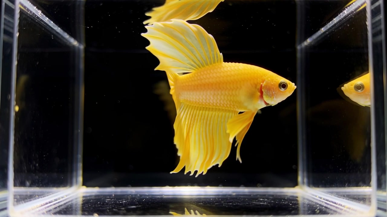 Betta giallo che nuota sventolando le pinne, si centra e ruota in un acquario trasparente, riflessi che attirano la testa