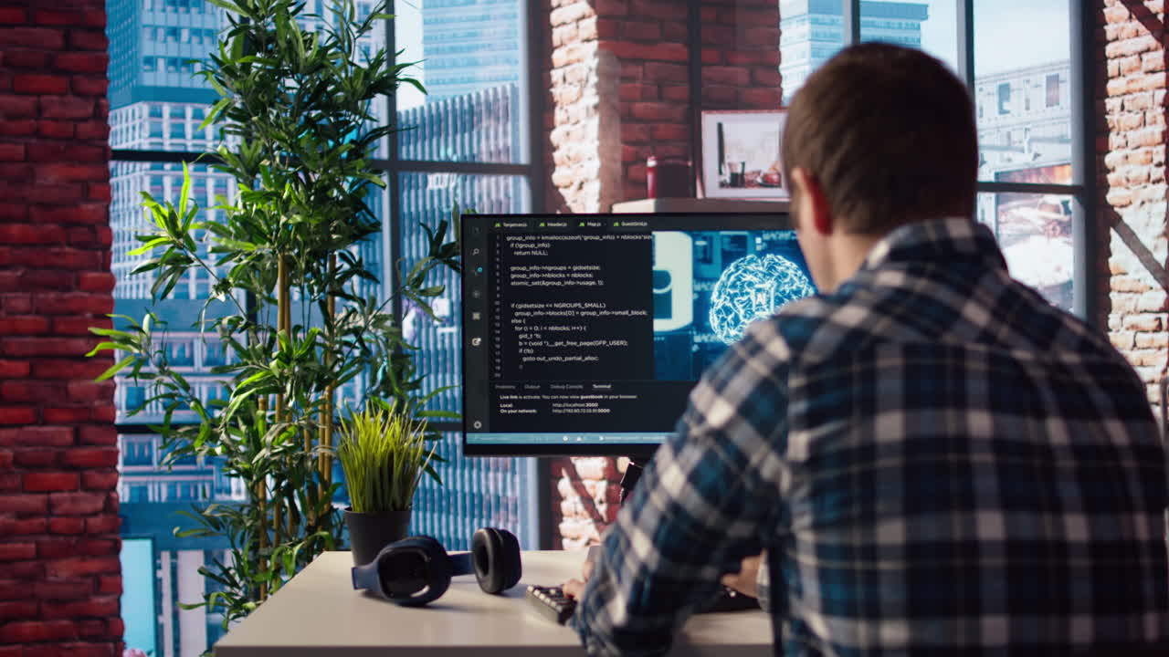 administrador que utiliza una computadora en la oficina de su hogar para la computación de inteligencia artificial