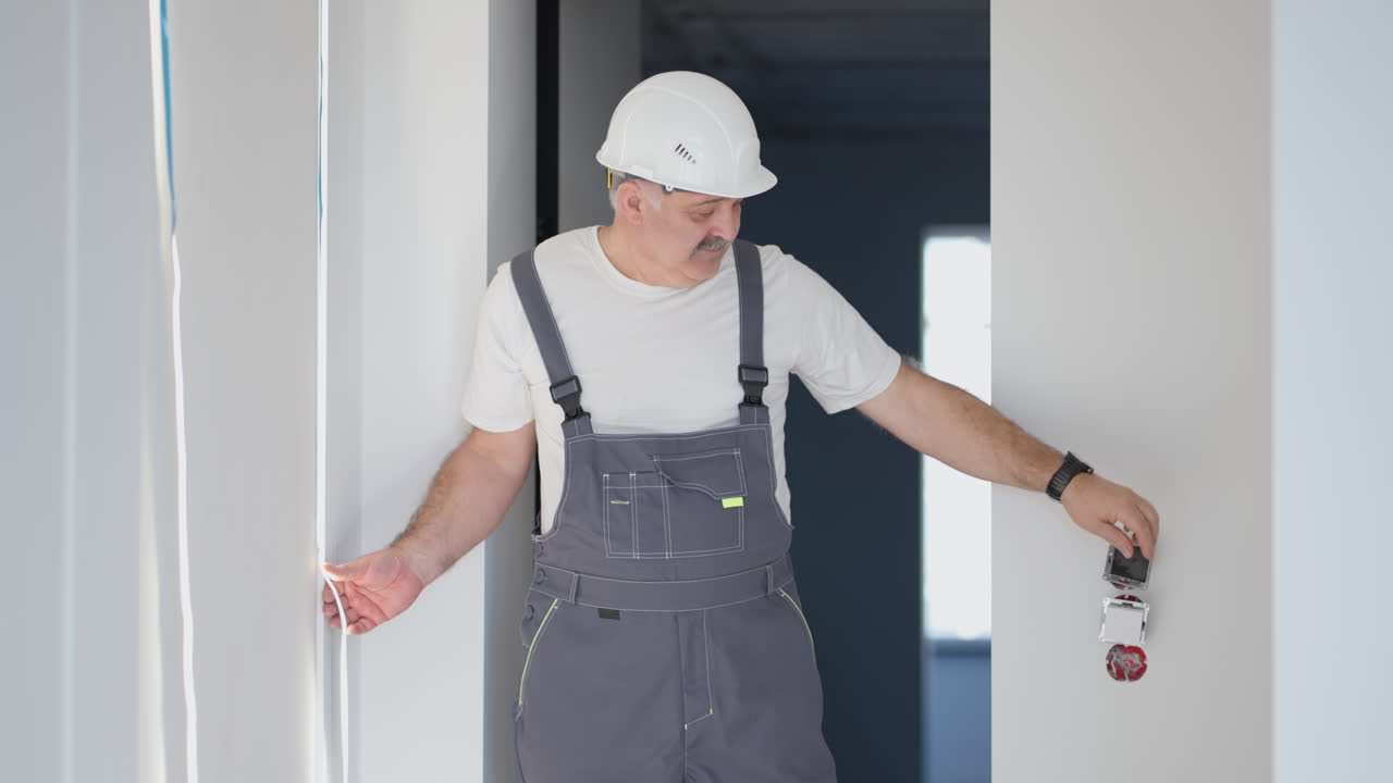 A man builder in the house during the repair installs an LED strip turns on and looks at the light