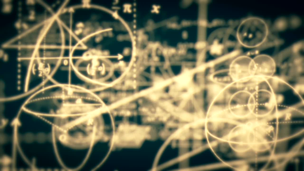 los símbolos matemáticos en bucle viajan volando a través de la cámara.