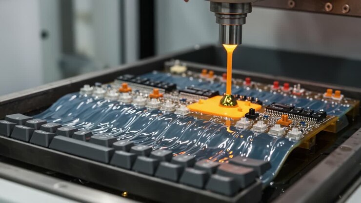 Precision Manufacturing Process: Liquid Material Application on Circuit Board for Electronic Component Assembly in Advanced Machinery Setting