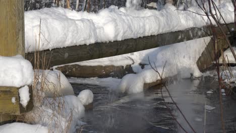 La-Persona-Está-Cruzando-Un-Puente-De-Troncos-Cubierto-De-Nieve-Sobre-Un-Río-Helado