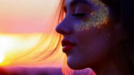 woman at sunset with golden glitter makeup