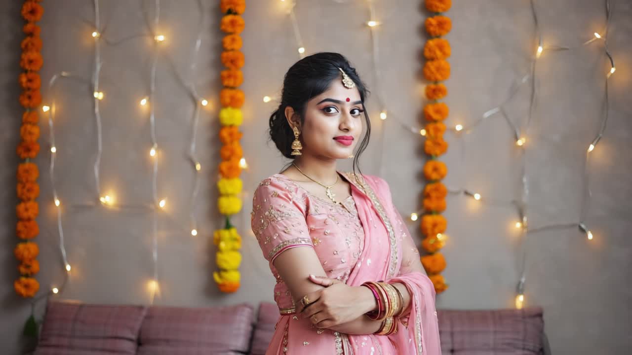 Young Indian woman wearing a pink lehenga choli and elegant jewelry, posing with crossed arms in a beautifully decorated home, celebrating the vibrant Diwali festival