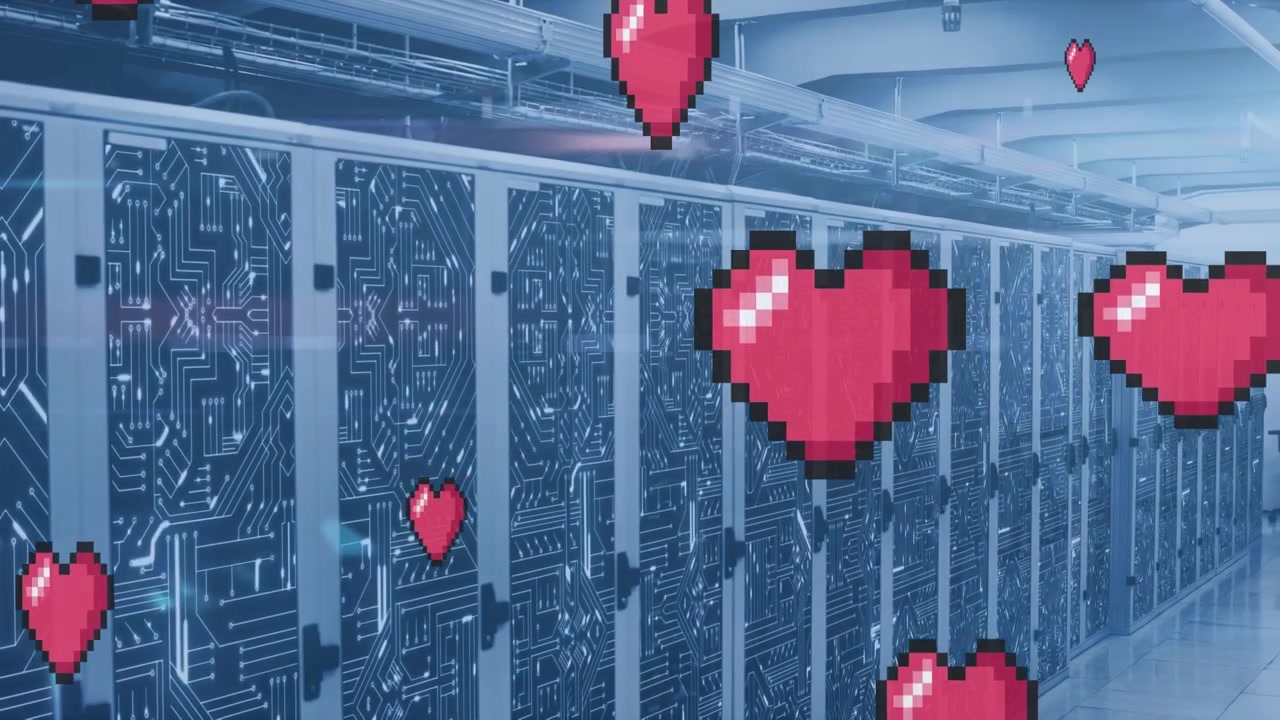 Animation of heart icons over server room