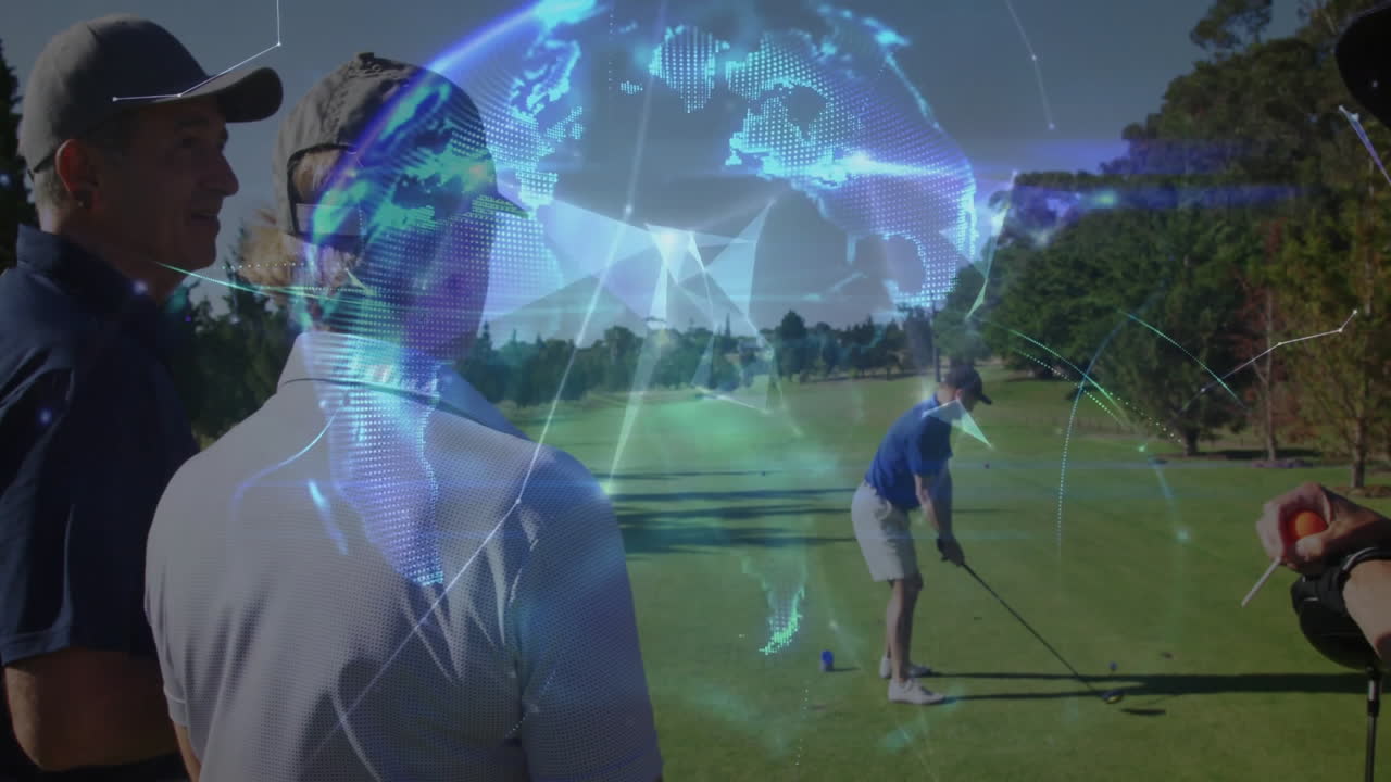 Family members watching woman swinging golf club fairway showing technology holographic data globe