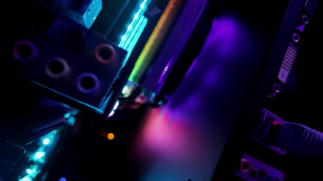 Close up of a server with flashing colourful lights in a data center