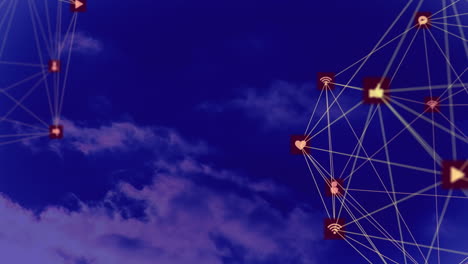 animation of two globes of digital icons spinning against clouds in the blue sky