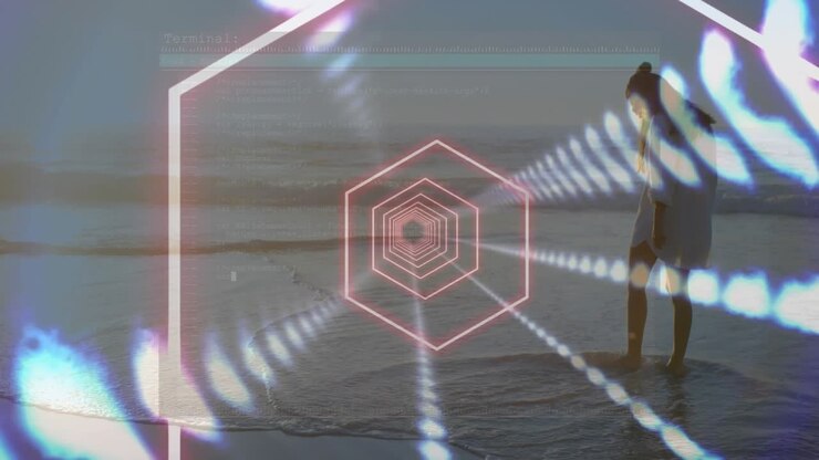 Animation of digital tunnel over caucasian woman at beach