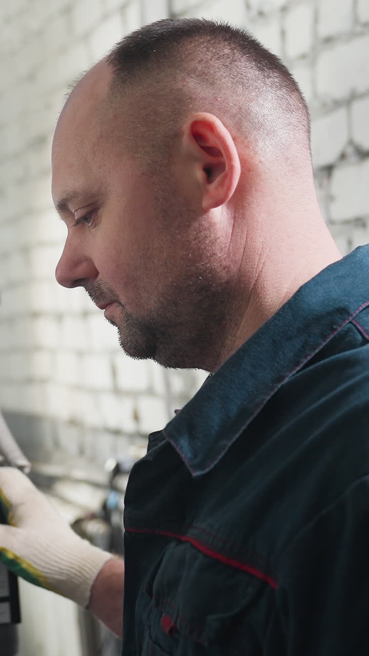 Mechanic in blue uniform wearing protective gloves presses lift button in garage, background features brick wall, blue lift, and bright workshop lighting creating professional repair environment