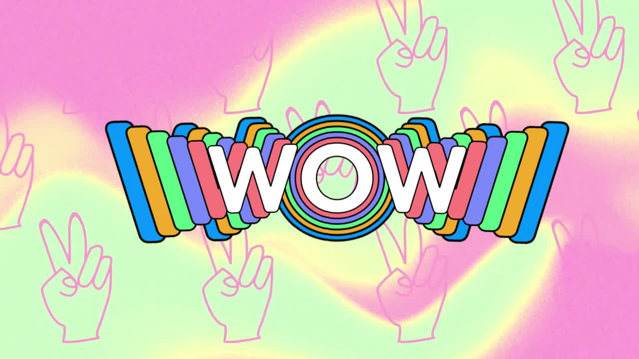 Wow text rotating in vibrant pop-art flat design, with rainbow rings, stacked bars and peace signs