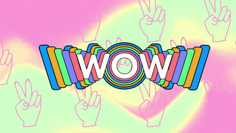 wow text rotating in vibrant pop-art flat design, with rainbow rings, stacked bars and peace signs