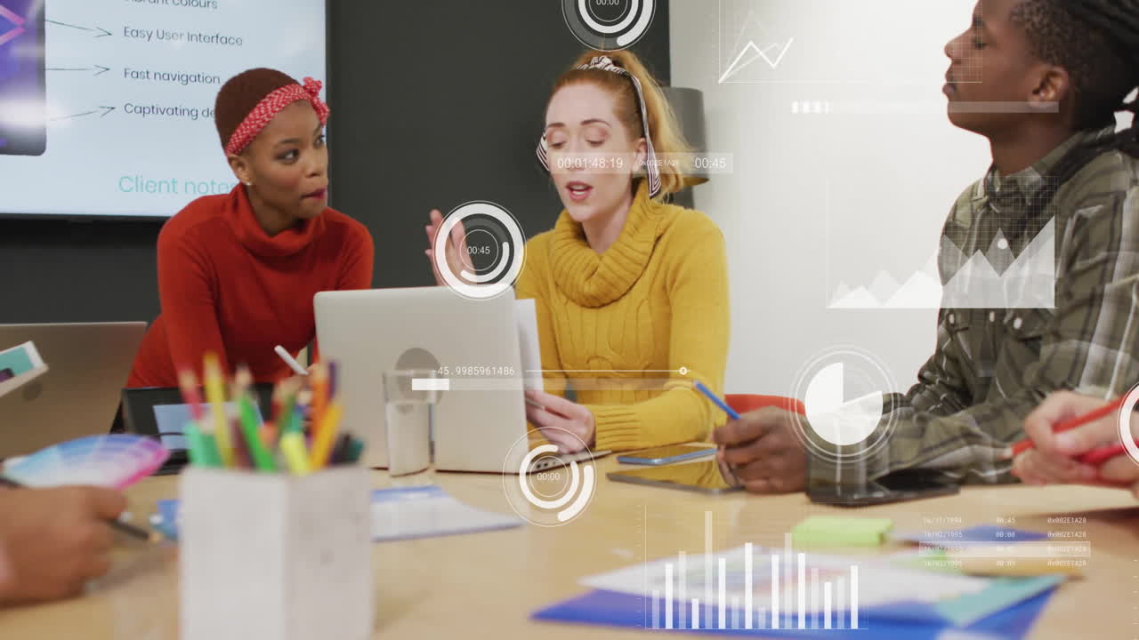 Animation of financial data processing over diverse business people in office