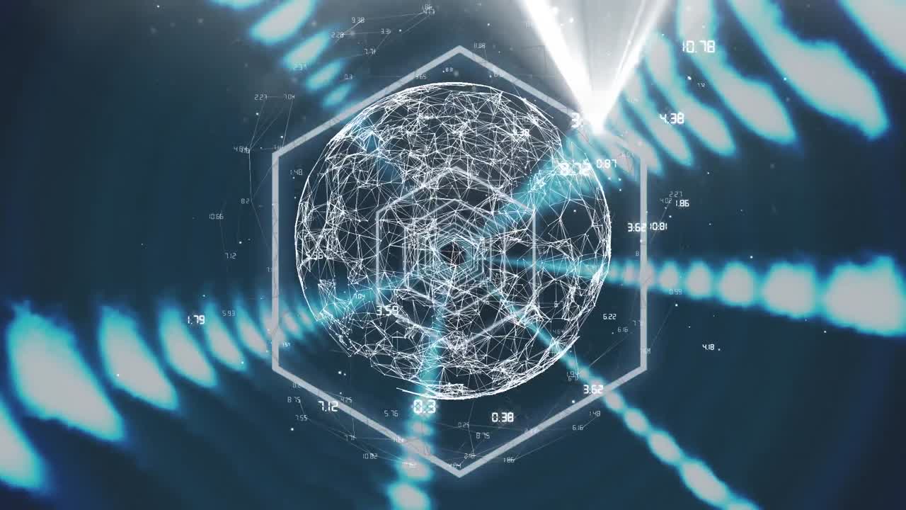 파란색 네온 디지털 터널은 검은색 배경에 회전하는 연결 네트워크의 지구에 대해