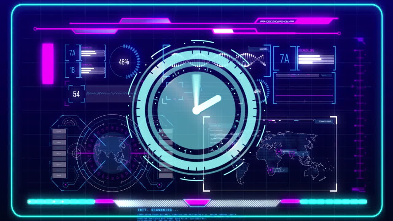 Animation of futuristic digital interface with clock, graphs, and world map elements