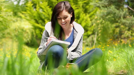 Feliz-Joven-Sentada-Sobre-El-Césped-Escribiendo-En-El-Bloc-De-Notas