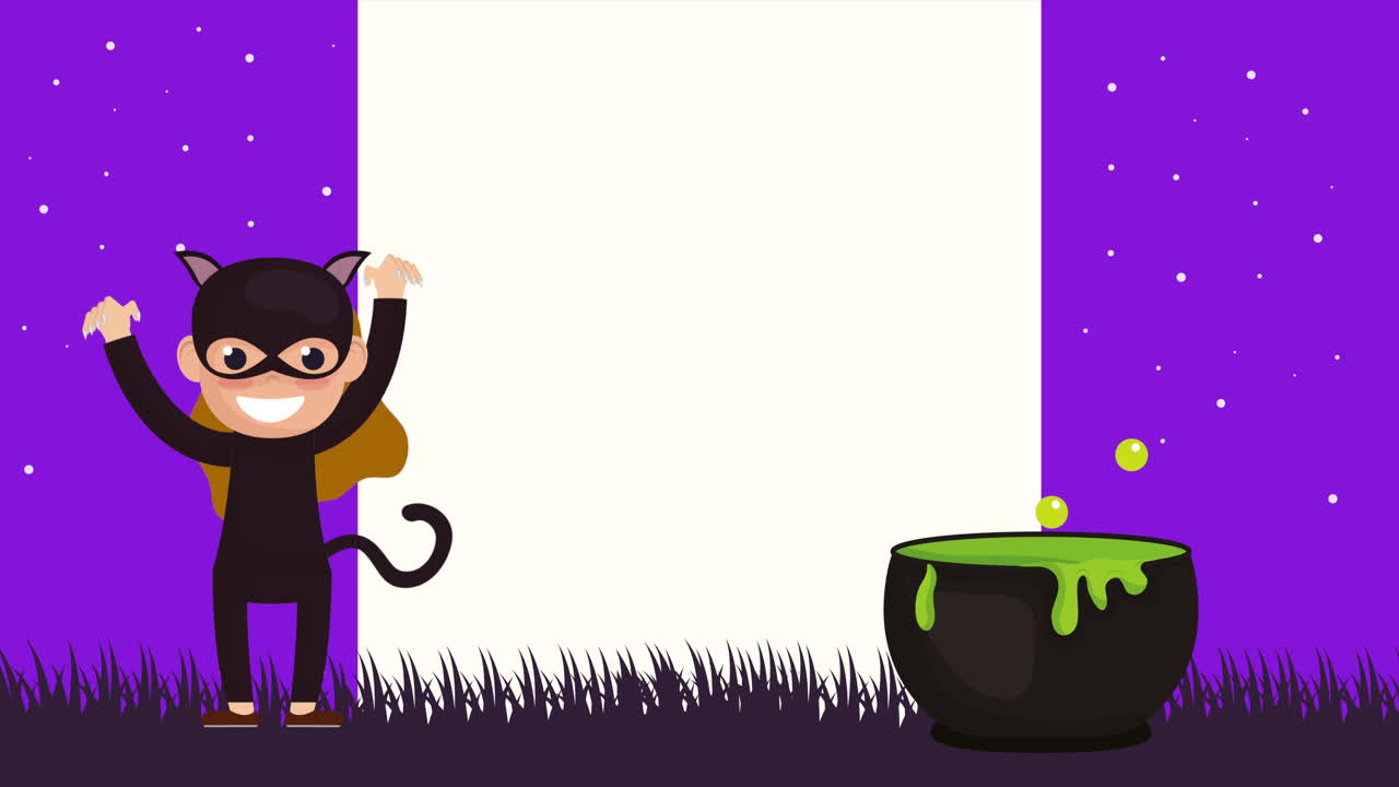 escena oscura de halloween con la mujer gato y el caldero