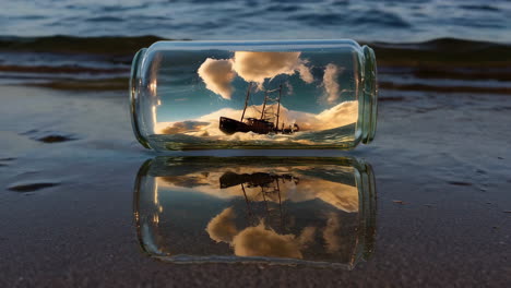 miniature ship in a bottle on the beach