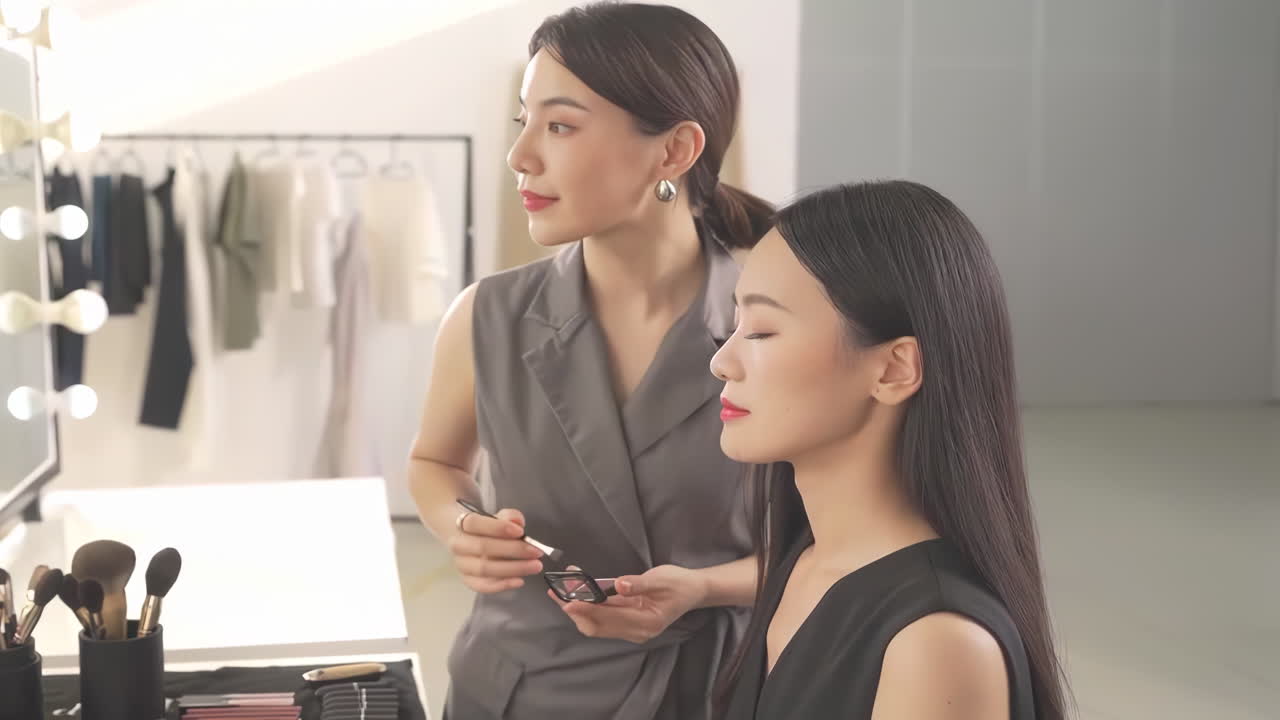 건강한 피부를 가진 전문 모델 소녀는 베이지 바탕에 분리된 브러쉬로 메이크업을합니다. 화장품의 개념, 메이크업, 건강한 피부, 파운데이션 적용, 피부 색상, 복사 공간