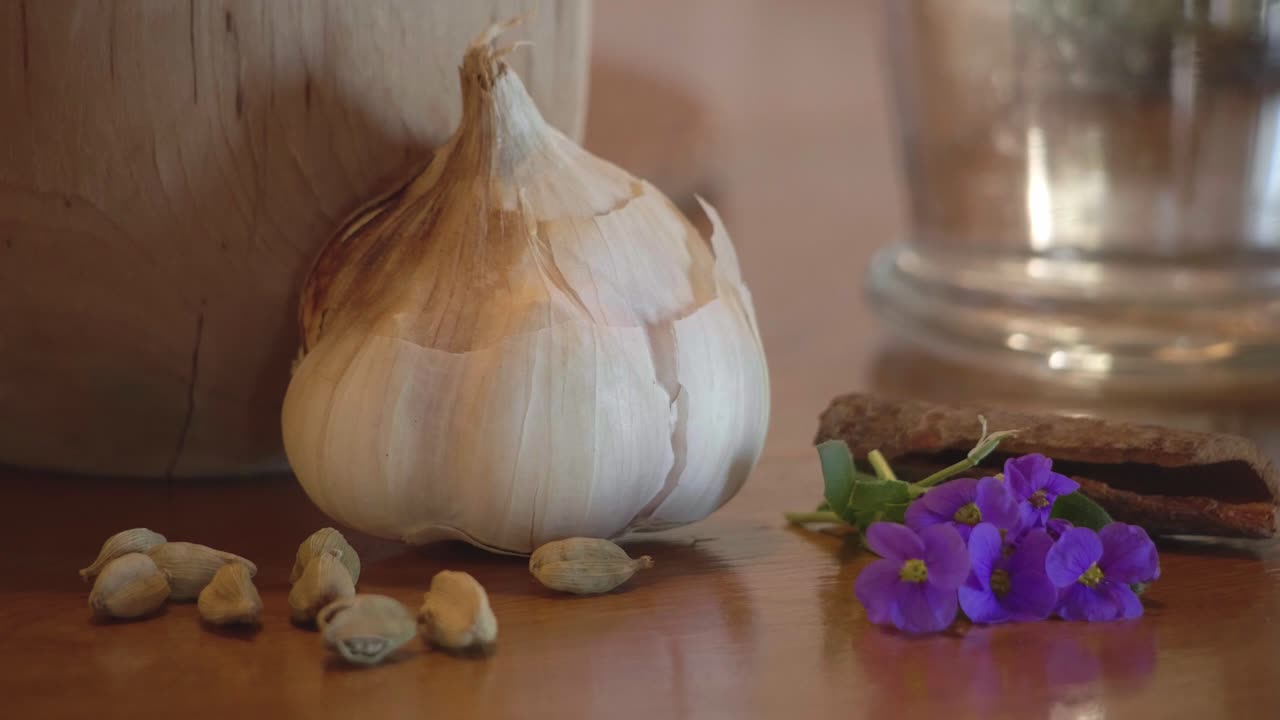Bulbo d'aglio biologico intero circondato da baccelli di cardamomo essiccati e fiori commestibili freschi viola su un tavolo di legno. Ingredienti naturali per condimenti e guarnizioni vegetariani sani.