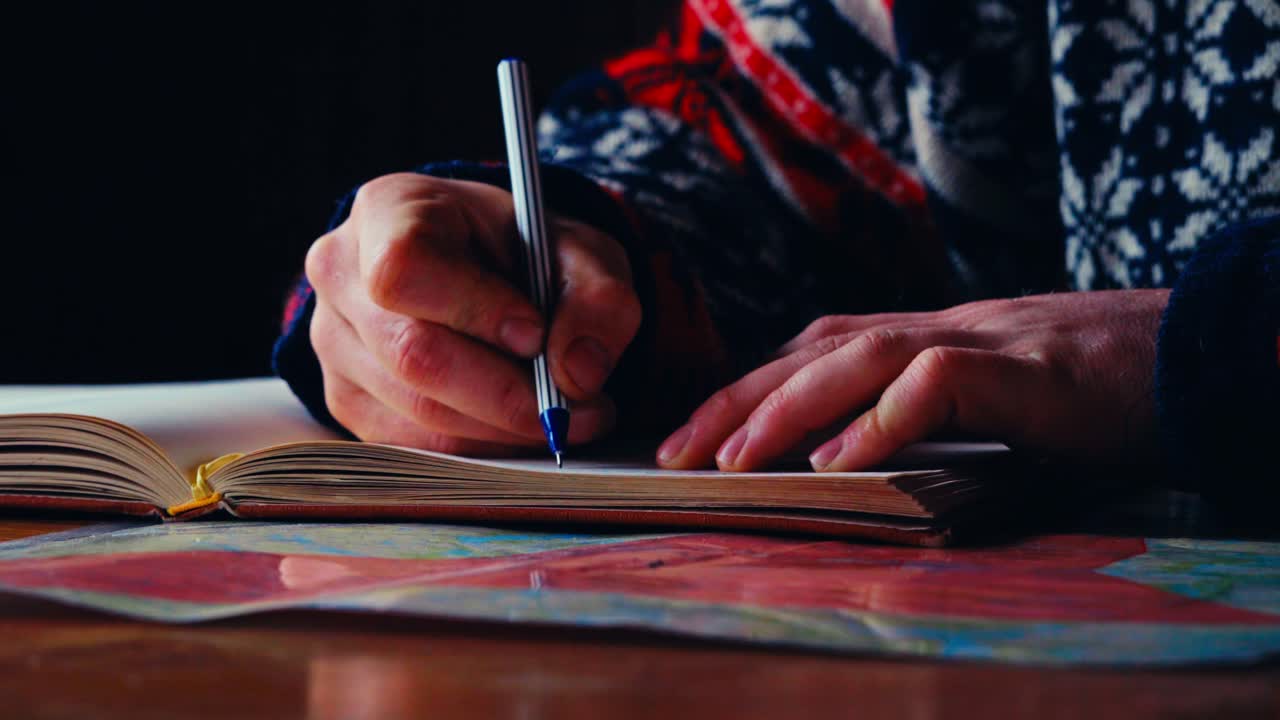 A Person Writes with a Ballpen in a Journal Laid Over a Colorful Page, Capturing a Quiet Indoor Moment of Reflection or Planning in Reinsjøen, Åfjord, Norway - Close-Up Shot