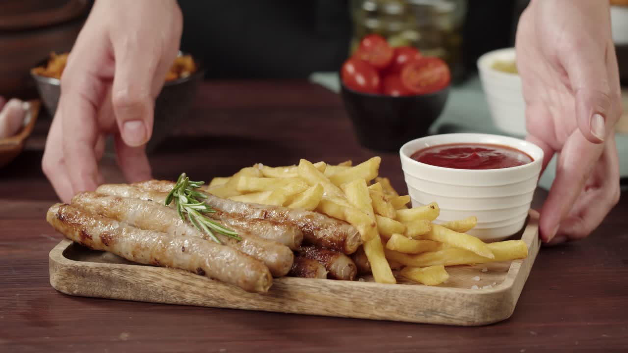 Servire salsicce alla griglia e patatine fritte con ketchup