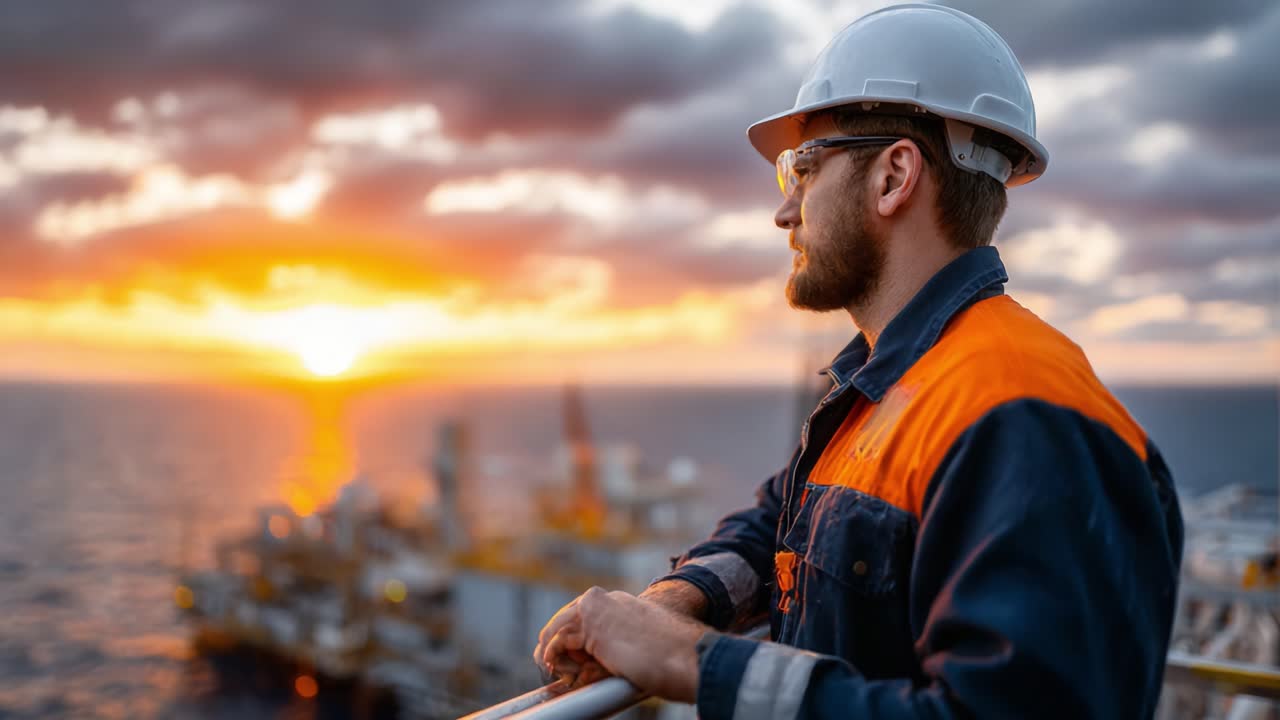 A Worker in Safety Gear Observes a Stunning Sunset Over the Ocean, Captured in a Beautiful Industrial Setting, Representing Hard Work and Nature's Beauty