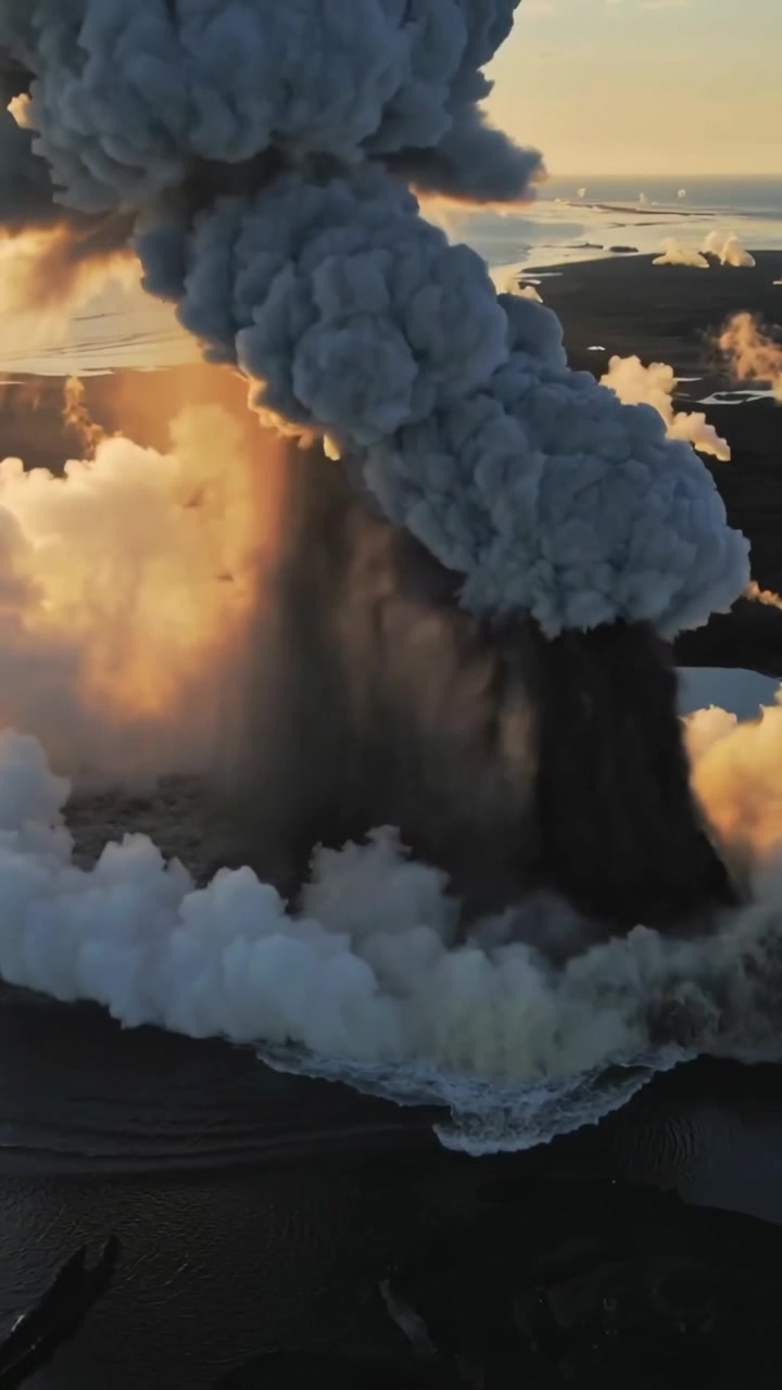 Video verticale: Bocca eruttiva sulla costa che emette un pennacchio di cenere e vapore che si innalza lungo la costa
