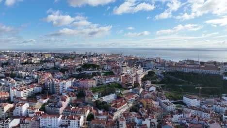 drone panning over the city of lisbon