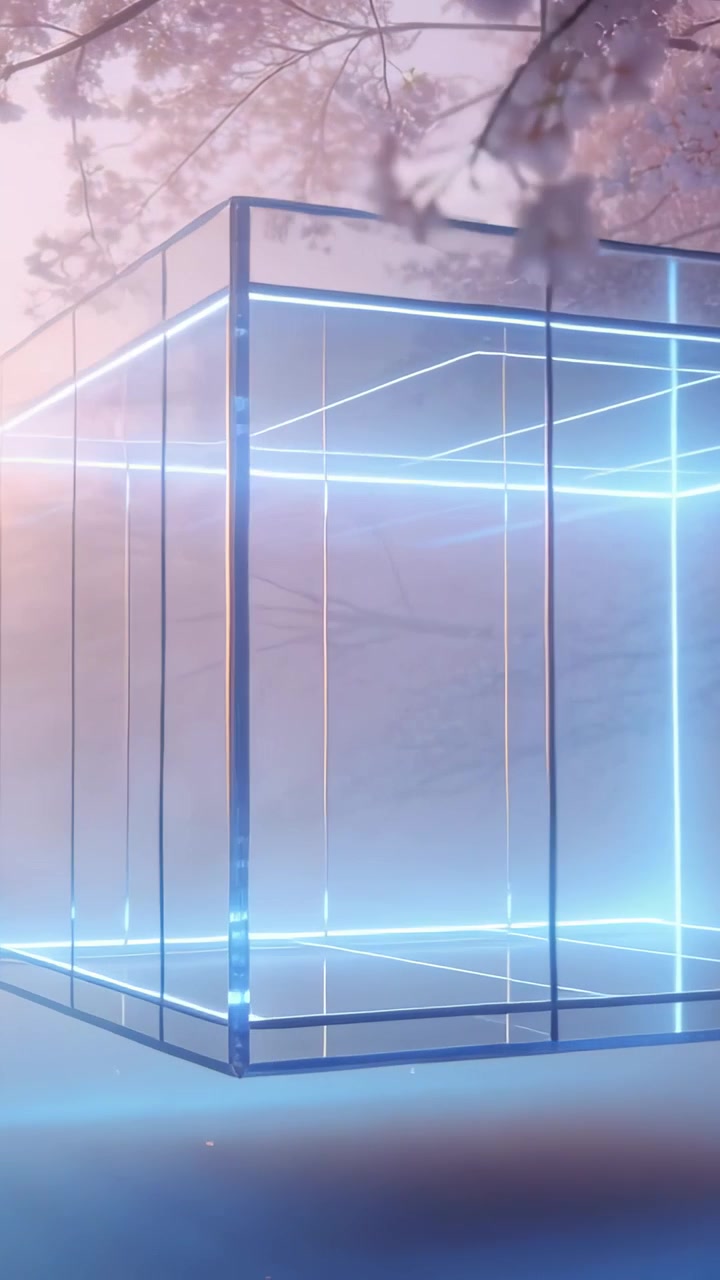 Vertical video: Panning camera circling glass pavilion in garden, revealing blue neon LED strips
