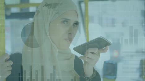 Animation-Von-Statistiken-Und-Datenverarbeitung-über-Eine-Frau-Im-Hijab-Mit-Smartphone