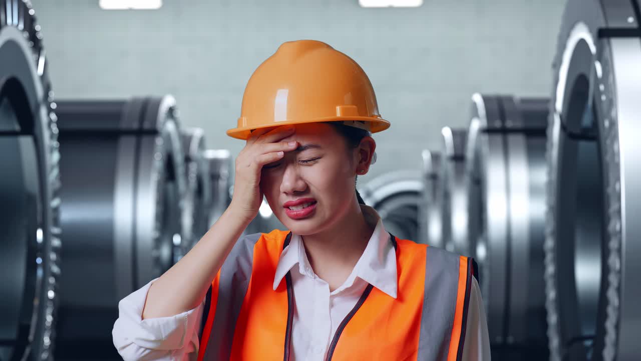 안전 헬을 입은 아시아 여성 엔지니어가 금속 공장에서 일하면서 두통을 고 있습니다.