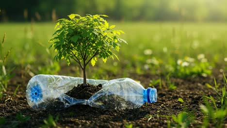 a vibrant plant is emerging from the rich soil within a plastic bottle, set against a stunning green field during a picturesque sunset