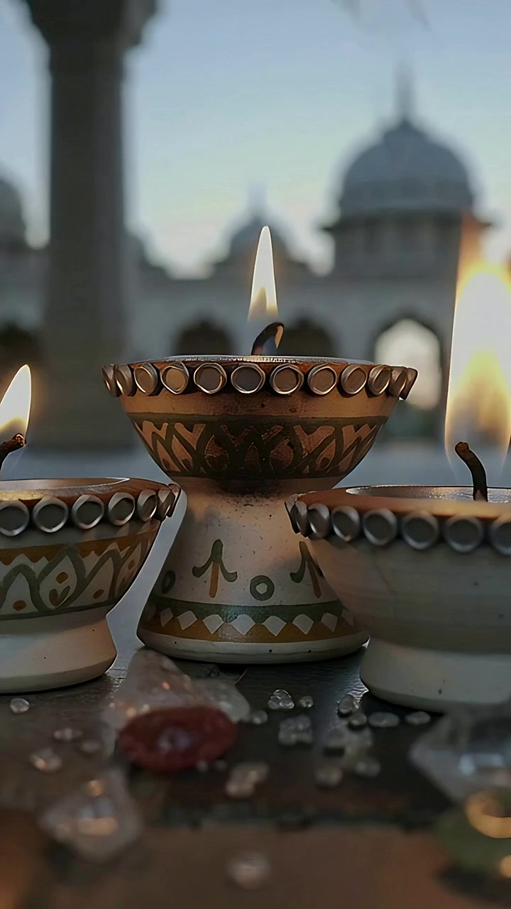 Vertical video: Shifting camera bringing three painted oil lamps into focus on terrace with beads