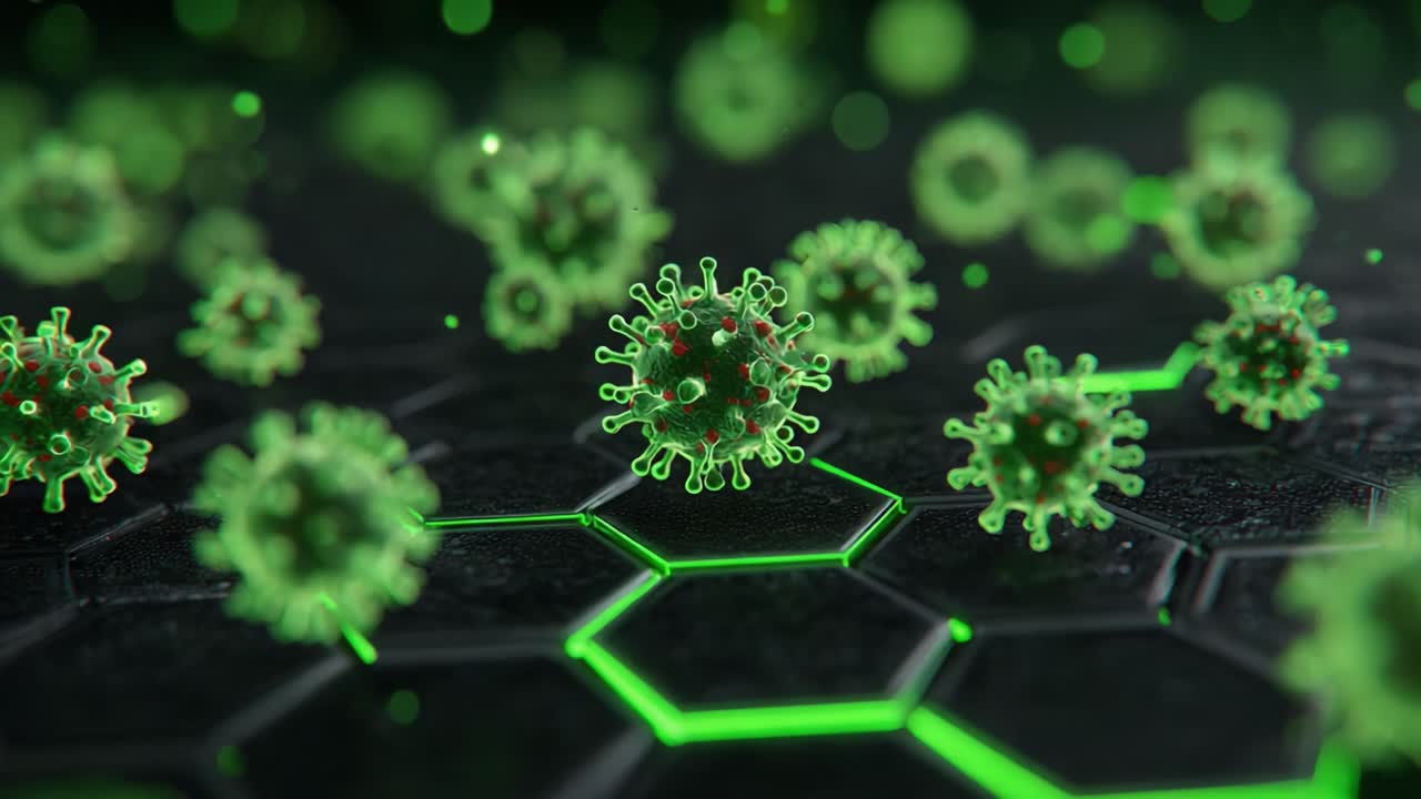 A Close-Up View of Vibrant Green Virus Particles Interacting with a Hexagonal Network, Highlighting Their Intricate Structures and Potential Impact on Health