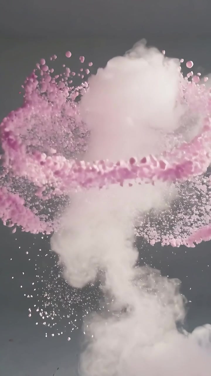Vertikal video: Sprængende røgsøjle opad i et gråt studie, lyserødt bånd og perler spredes som kunst.
