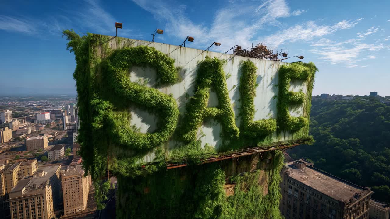A Captivating Urban Scene Featuring an Overgrown Billboard with 'SALE' in Lush Green Foliage, Set Against a Bright Blue Sky and Scenic City Landscape