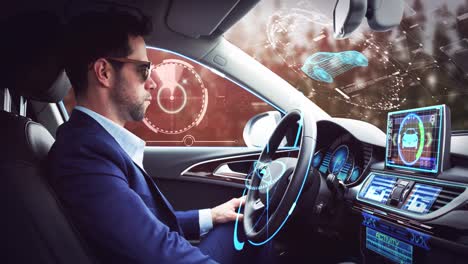 Animation-of-digital-interface-over-businessman-in-self-driving-car