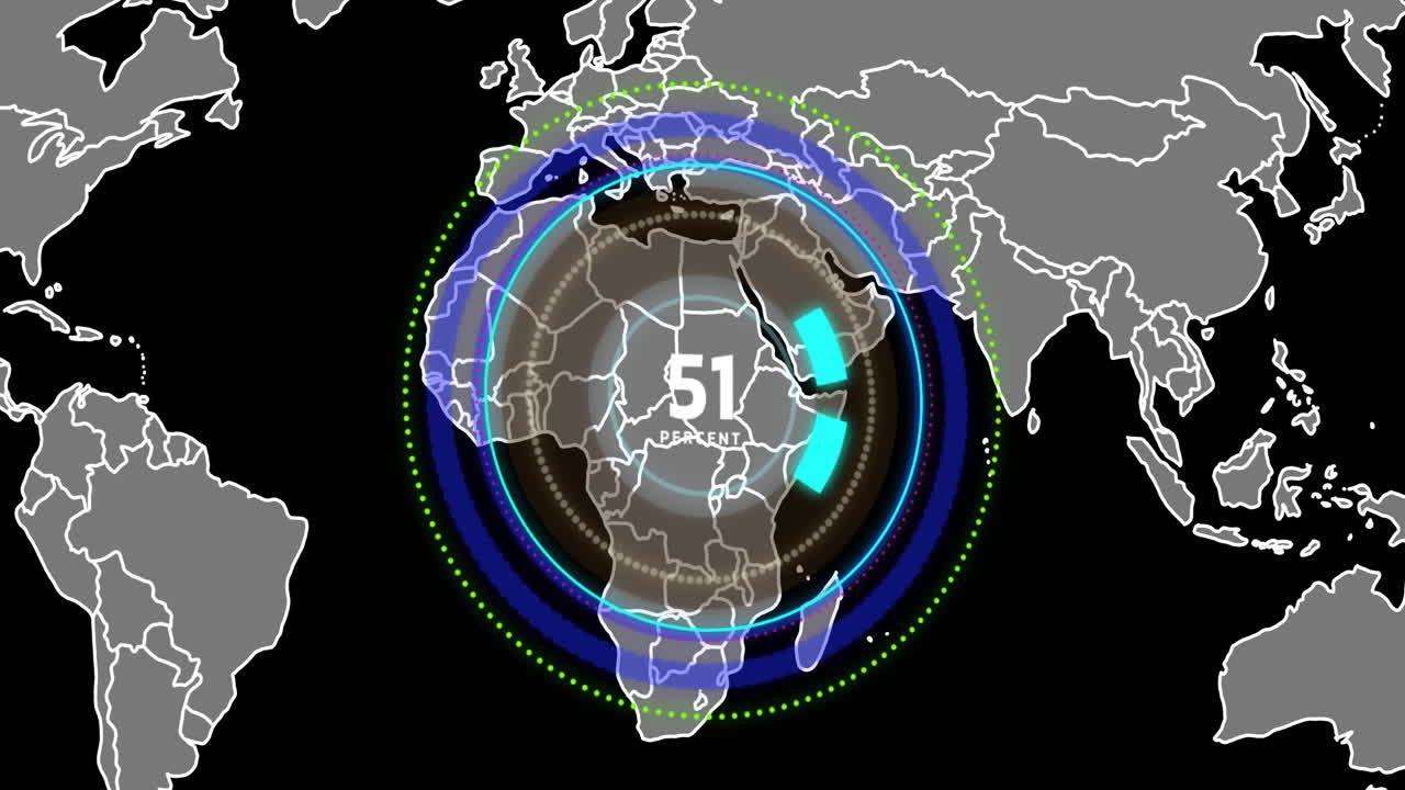animación del alcance y procesamiento de datos digitales sobre el mapa del mundo